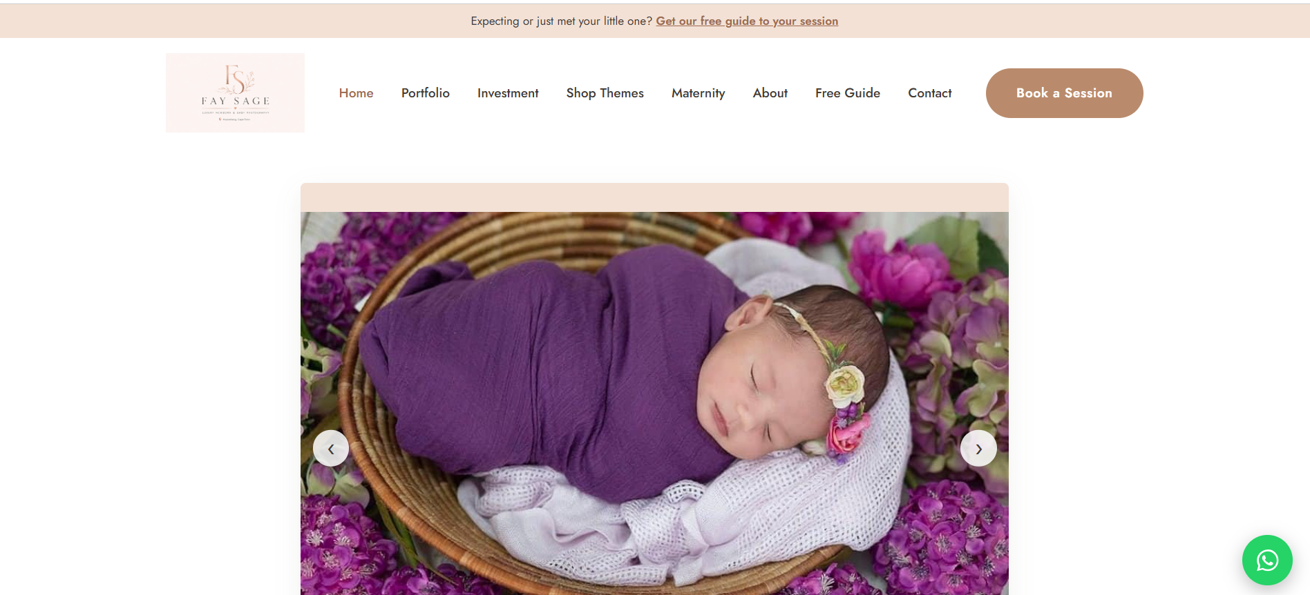 Fay Sage Photography website homepage — luxury newborn photography, designed by SAGE